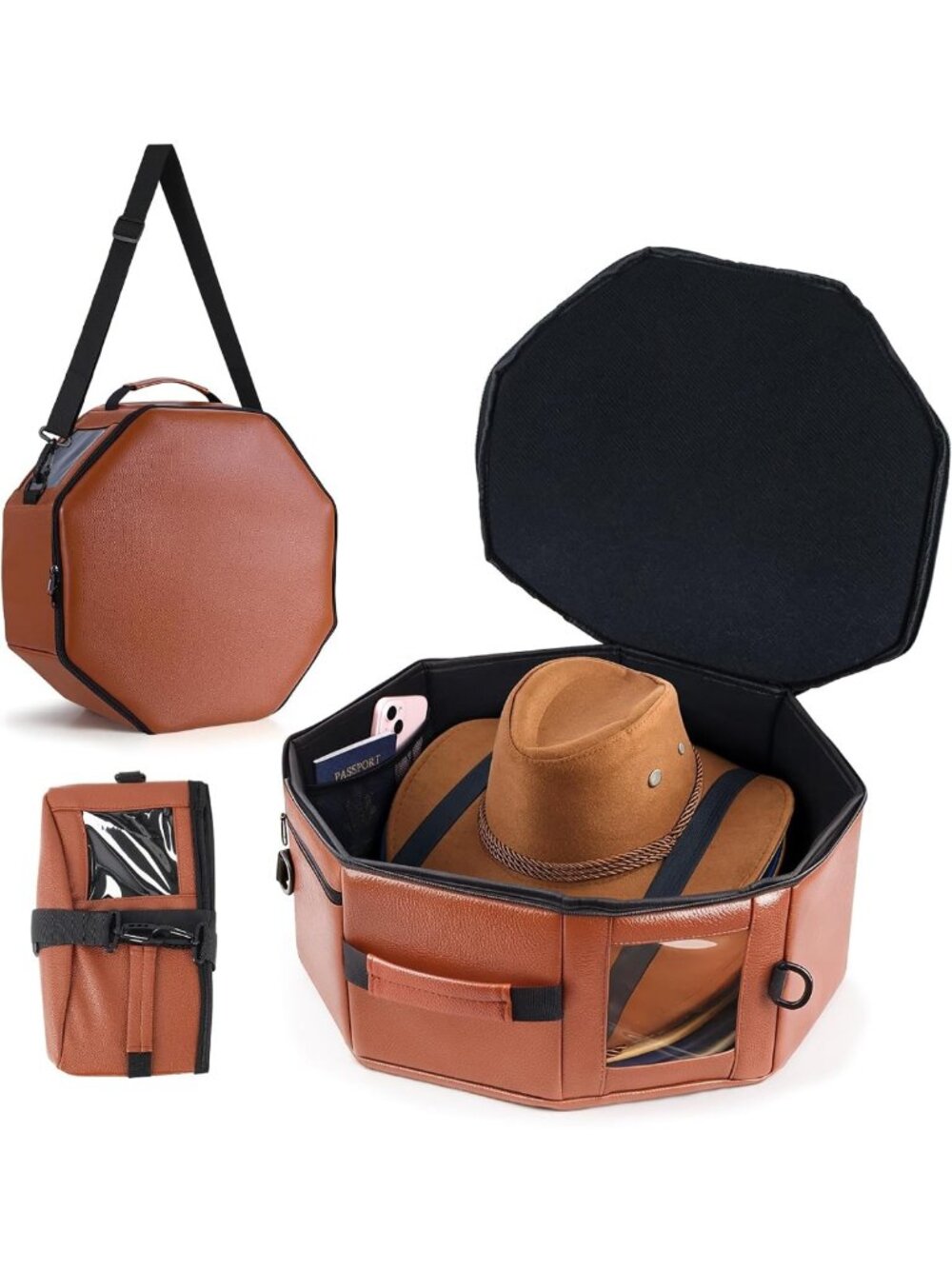 Stylish Brown Vegan Leather Cowboy Hat Box, Large Octagonal Travel Case